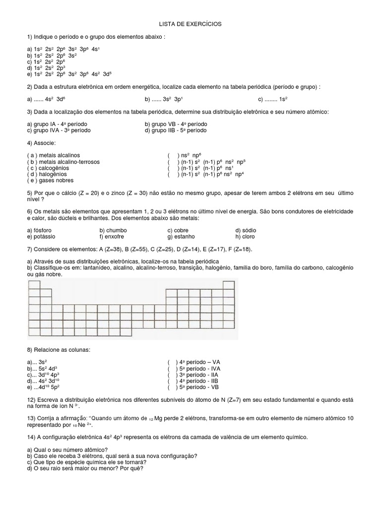Exercícios sobre Tabela Periódica | PDF | Tabela periódica ...