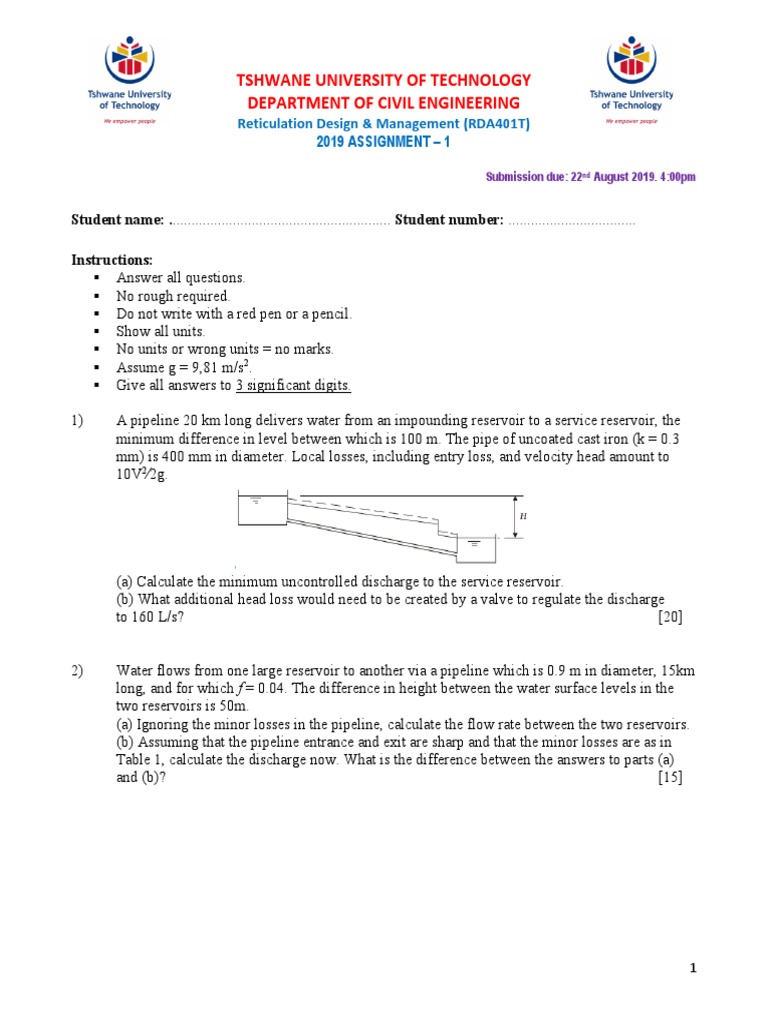 2019 RDA401T Semester 2 Assignment 1 | PDF | Reservoir | Soft Matter
