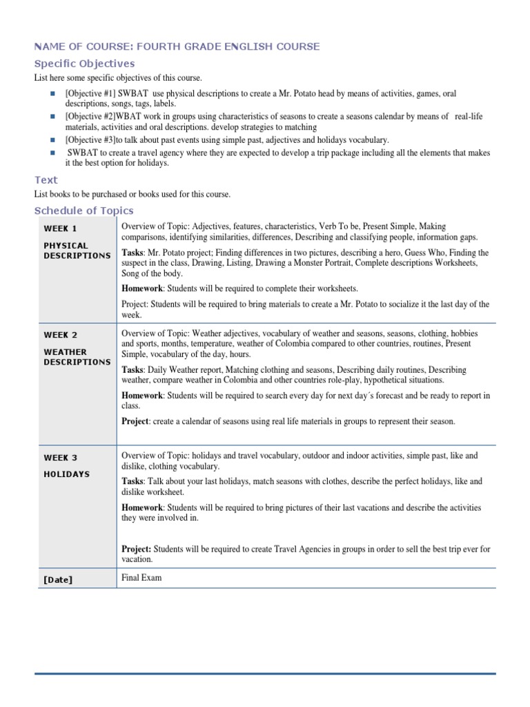 Name of Course: Fourth Grade English Course Specific Objectives | PDF ...
