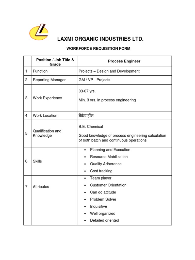 Laxmi Organic Industries LTD.: Workforce Requisition Form | PDF