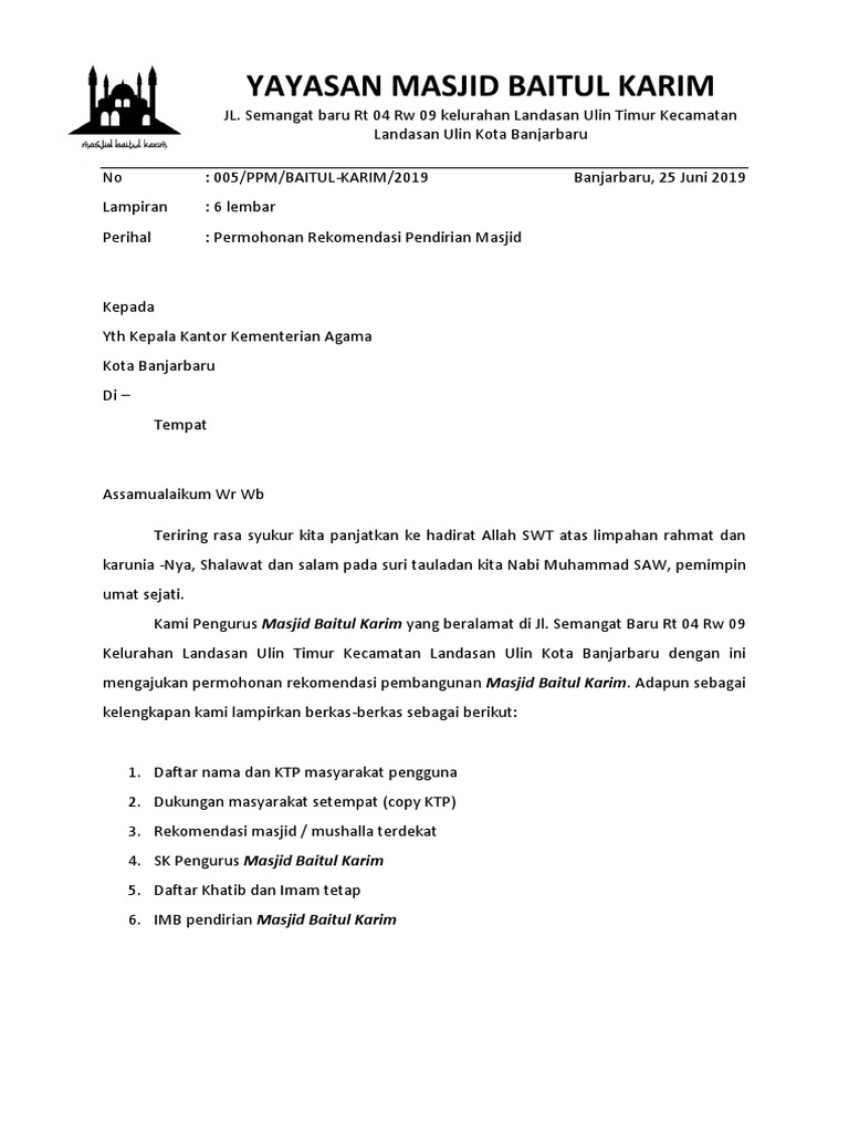 Surat Rekomendasi Pembangunan Masjid