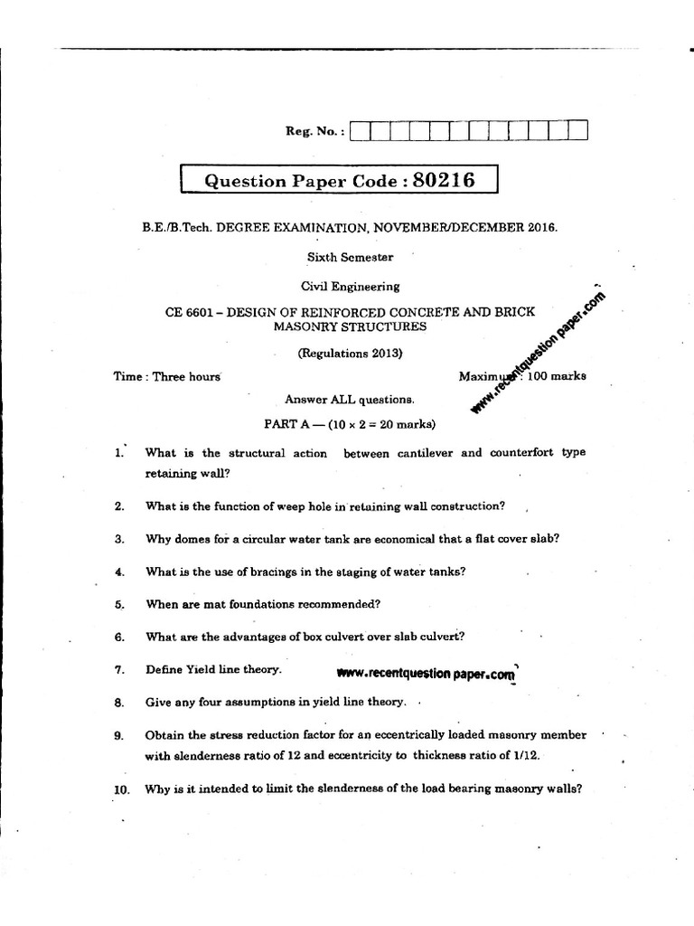 Ce6601 Design of Reinforced Concrete and Brick Masonry Structures | PDF