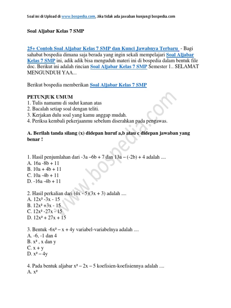 Contoh Soal Aljabar Kelas 7 Dan Kunci Jawabannya Contoh