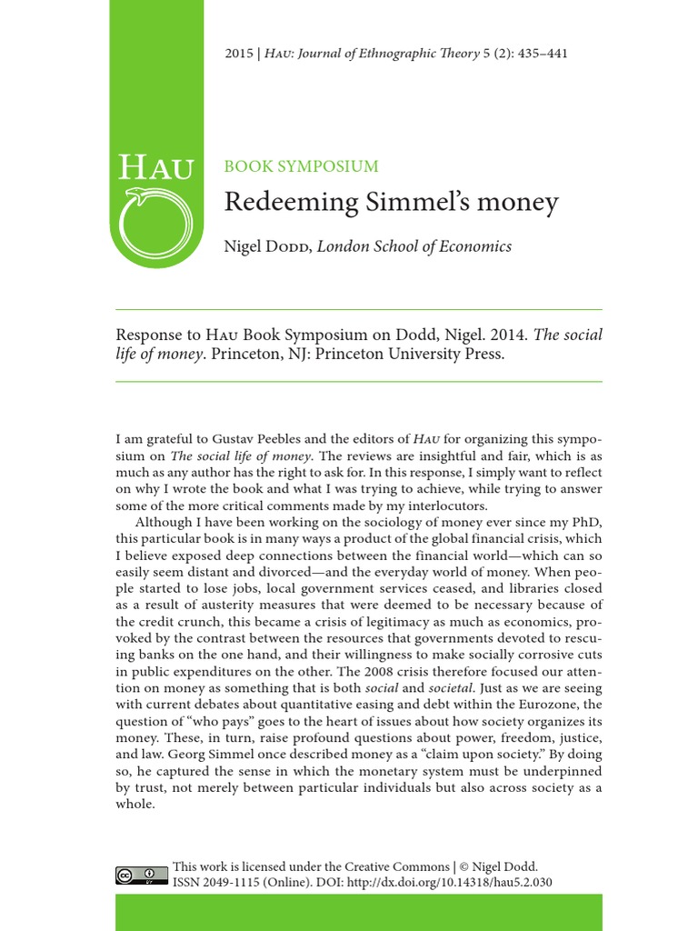 Redeeming Simmel's Money - Nigel Dodd | PDF | Money | Sociology