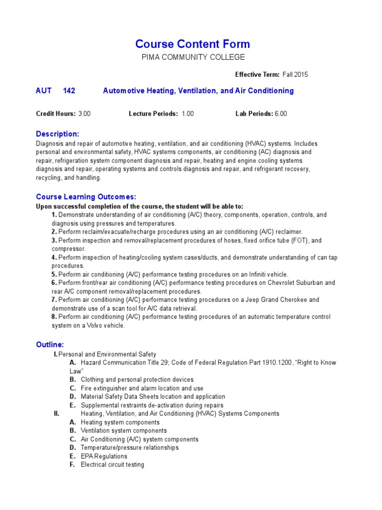 Course Content Form AUT 142 Automotive Heating, Ventilation, and Air
