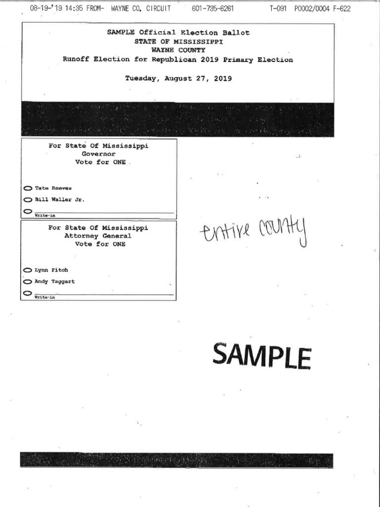 Wayne County 2019 Primary Runoff Election Sample Ballots