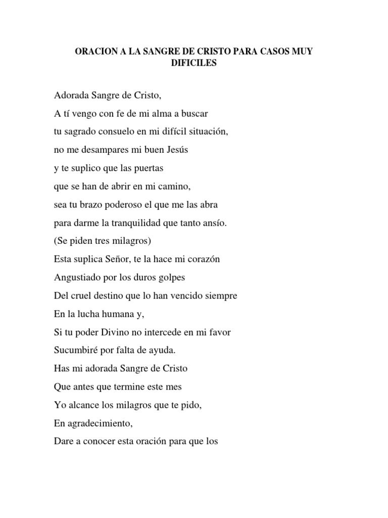 Oracion A La Sangre de Cristo para Casos Muy Dificiles | PDF | Derecho ...