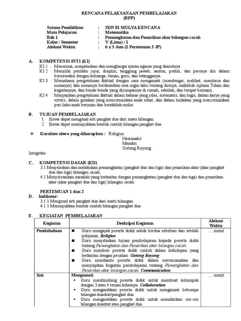 Rpp Matematika Kelas 5 Semester 1 Pdf