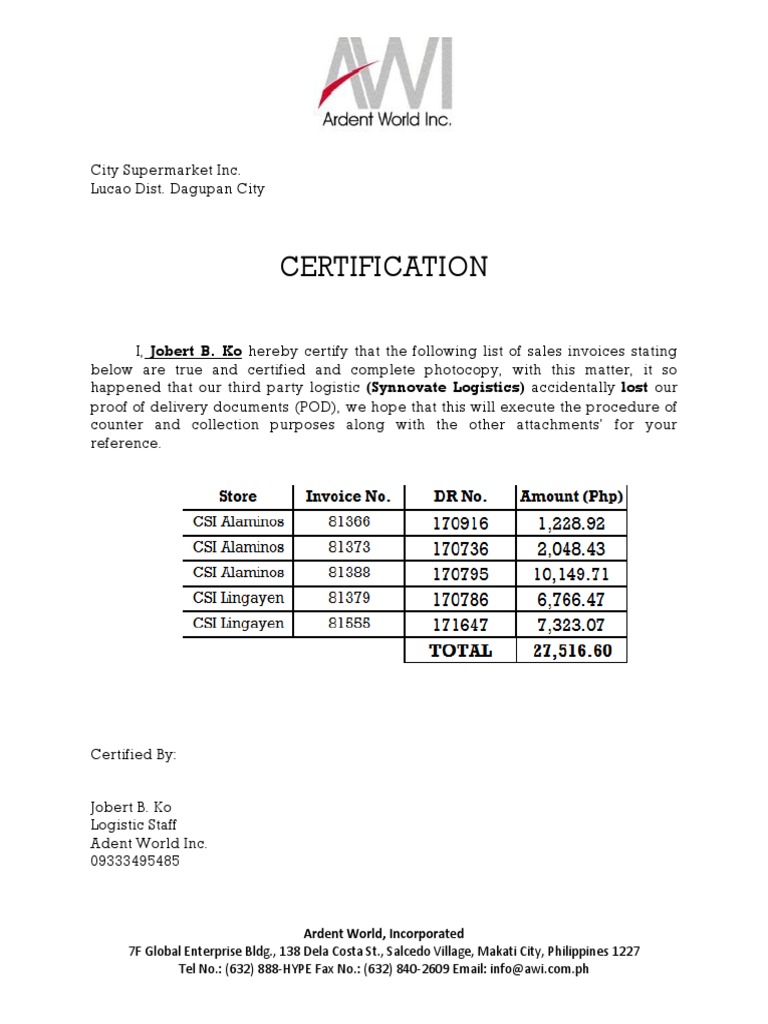 Certification of Sales Invoices | PDF | Business