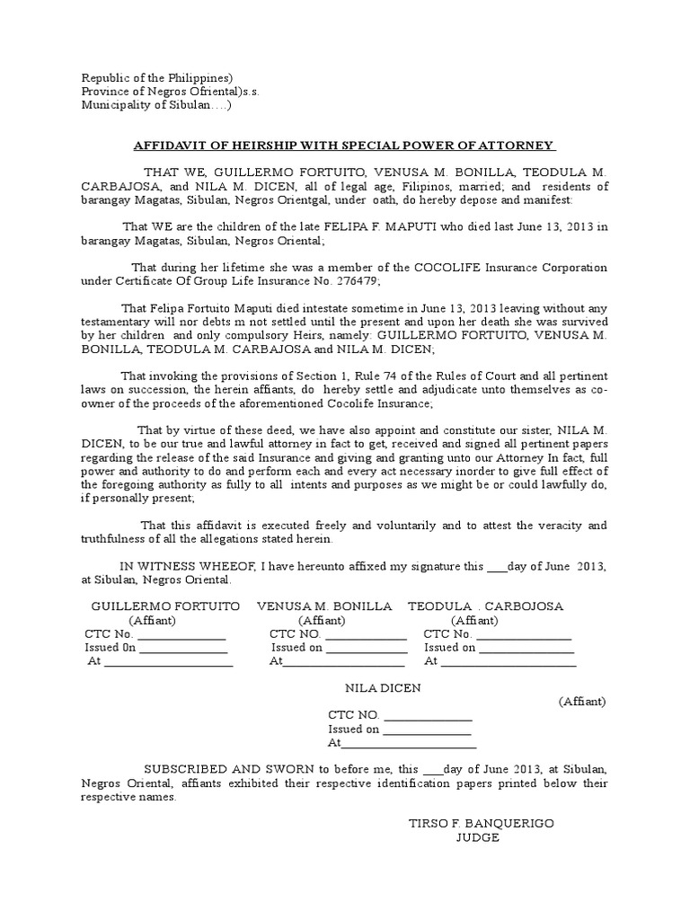 Affidavit of Heirship and SPA (Insurance) Banquerigo