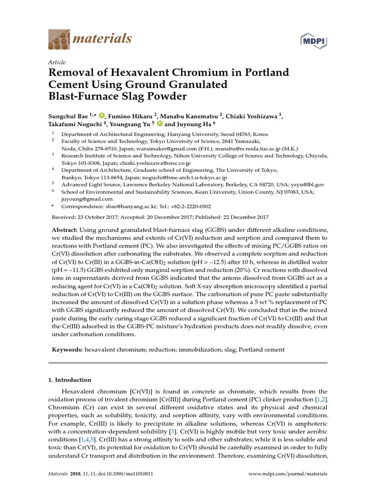 Materials Removal of Hexavalent Chromium in Portland Cement Using