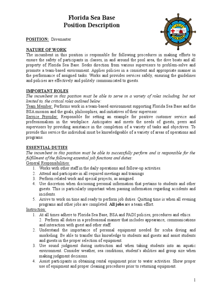 Divemaster Job Description 2 PDF Scuba Diving Employment