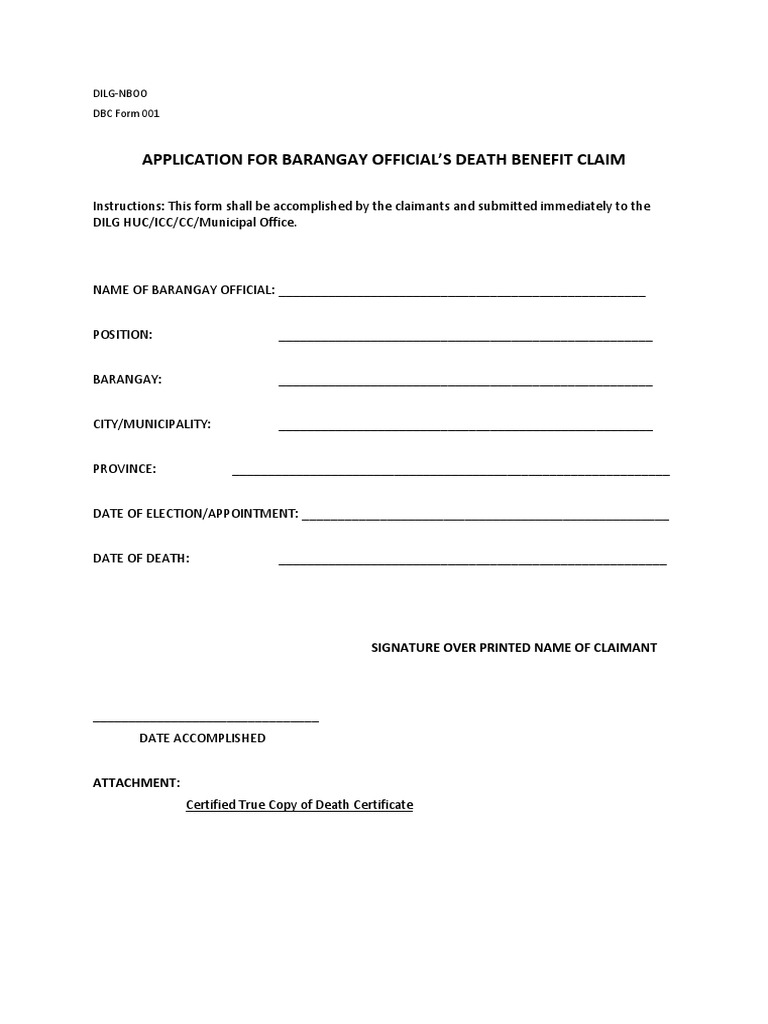 Application For Barangay Official'S Death Benefit Claim: Dilg-Nboo DBC ...