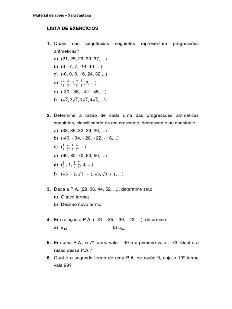 Lista de Exercícios - Pa | PDF | Triângulo | Ensino de Matemática