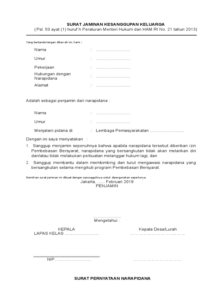 Surat Pernyataan Napi Dan Surat Jaminan Keluarga Pdf