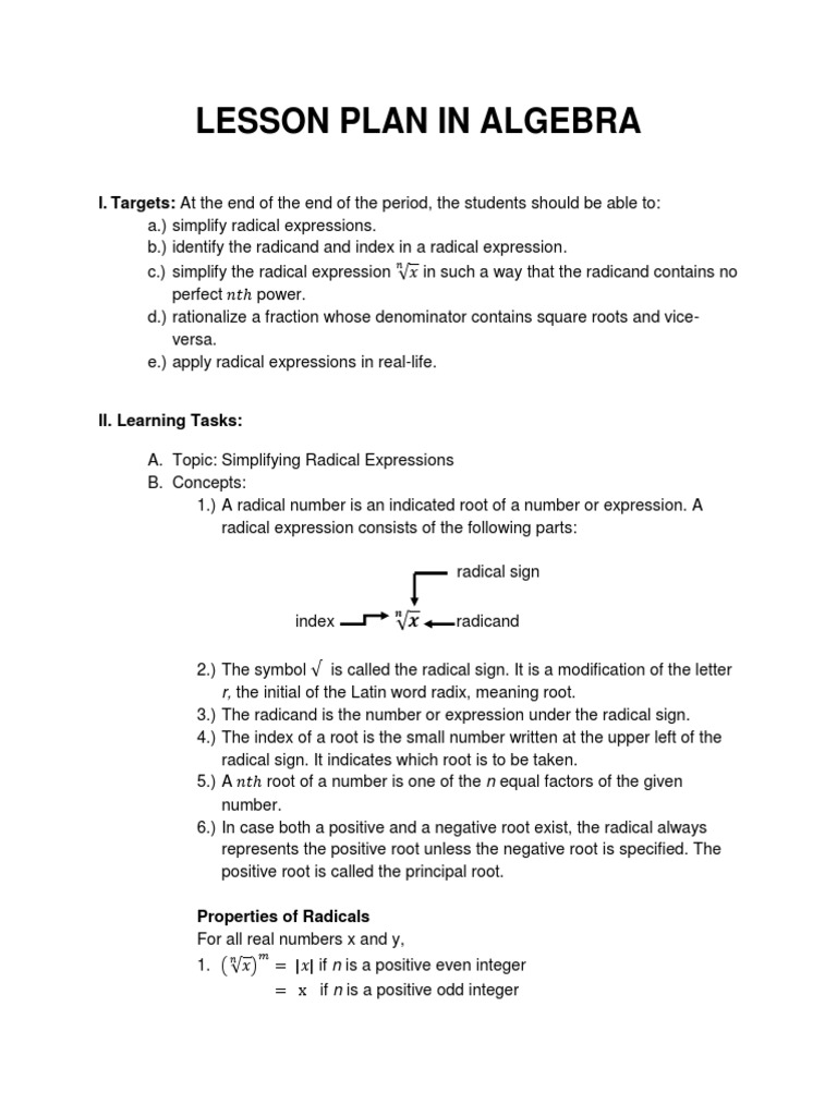 Simplifying Radical Expressions Lesson Plan | PDF | Fraction ...
