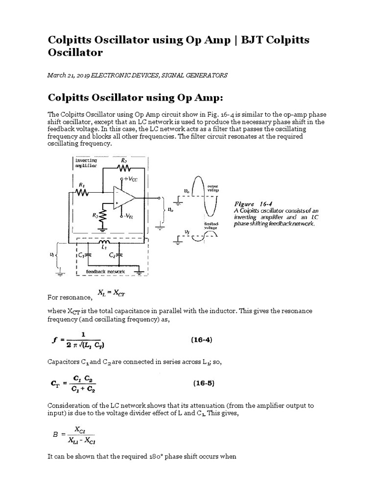 Colpitts Oscillator Using Op Amp BJT Colpitts Oscillator PDF
