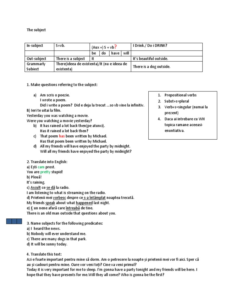 English Subject and Verb Exercises | PDF | Grammar | Onomastics