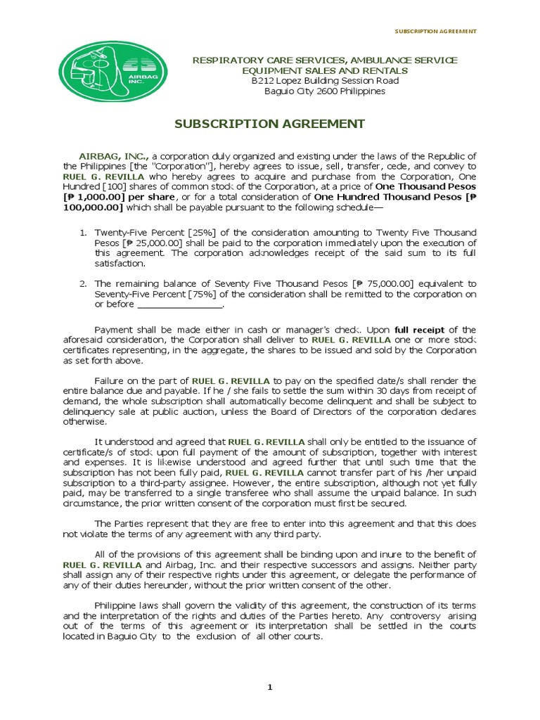 Subscription Agreement | PDF | Assignment (Law) | Virtue