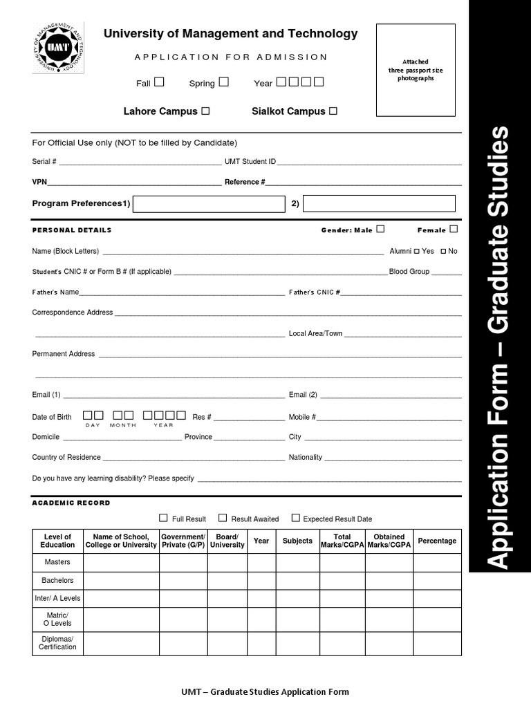 UMT Graduate Studies Application Form | PDF | University And College ...