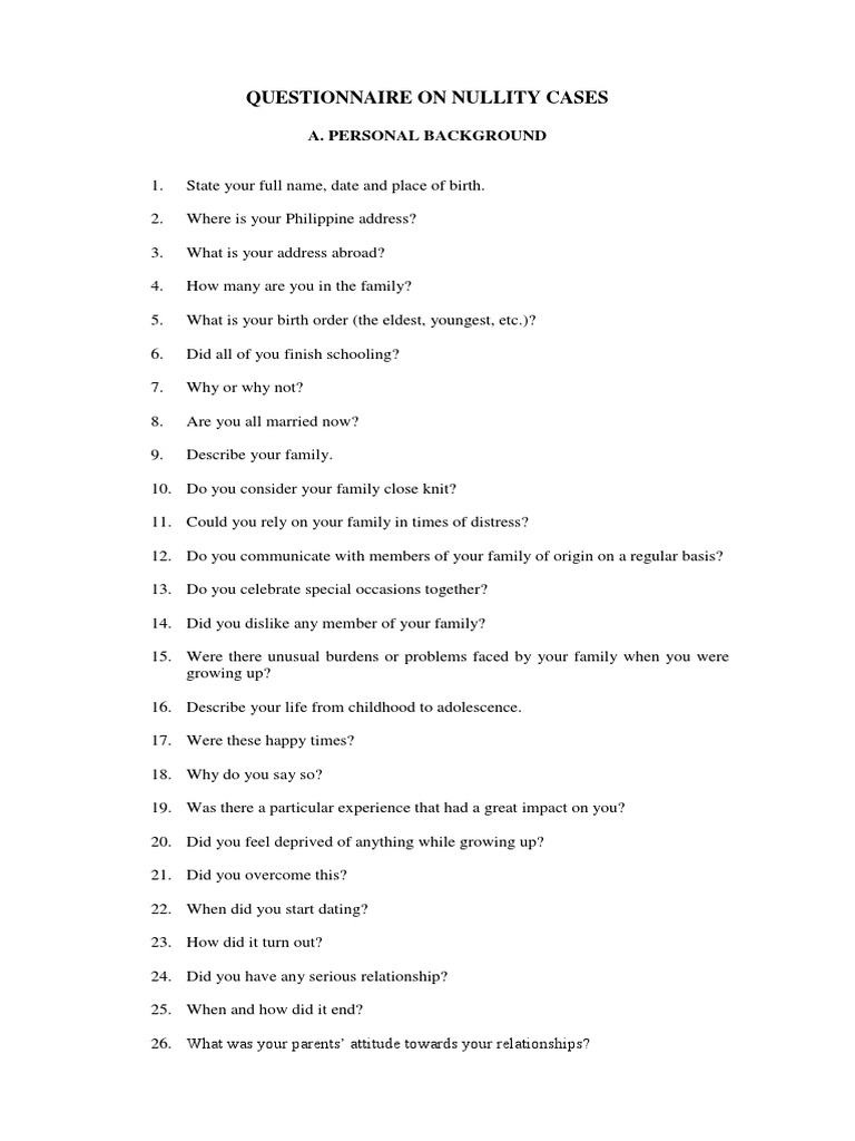 Questionnaire on Marital Nullity Cases | PDF | Marriage | Family