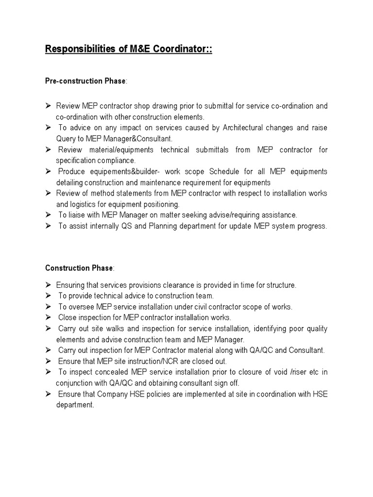 Responsibilities of MEP Coordinator | PDF