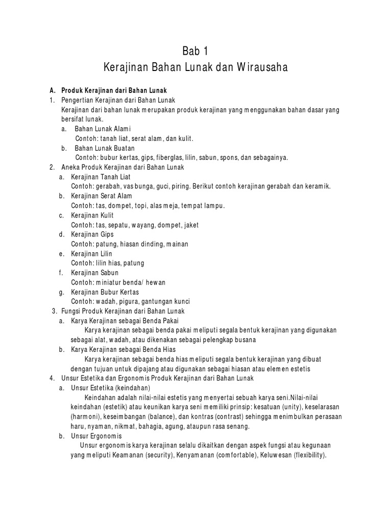 Bab 1 Kerajinan Bahan Lunak Dan Wirausaha Bab 2 Makanan Khas Daerah