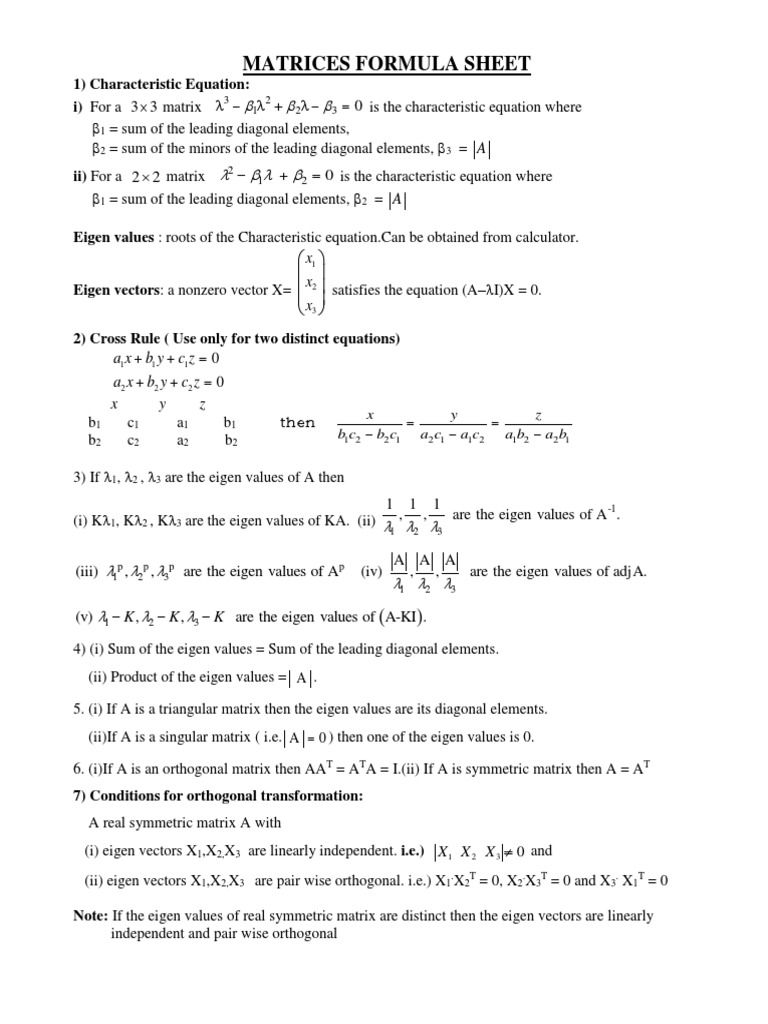 Matrices Formula Sheet | PDF | Matrix (Mathematics) | Eigenvalues And ...