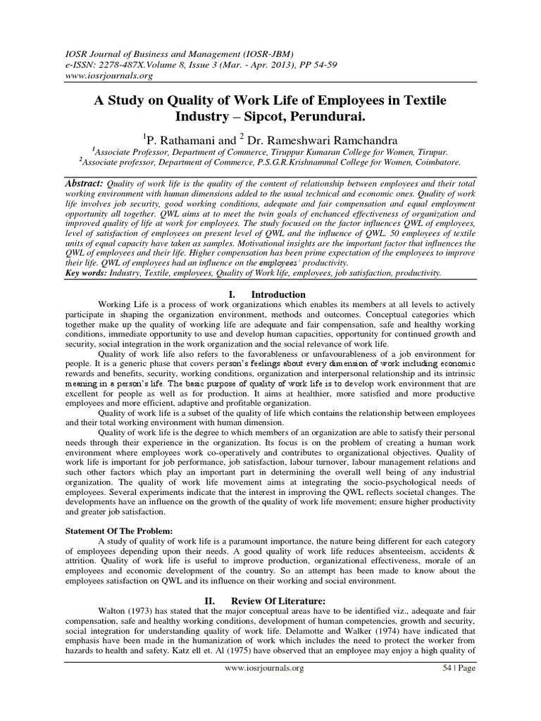 Quality of Work Life in Textile Industry | PDF | Analysis Of Variance ...