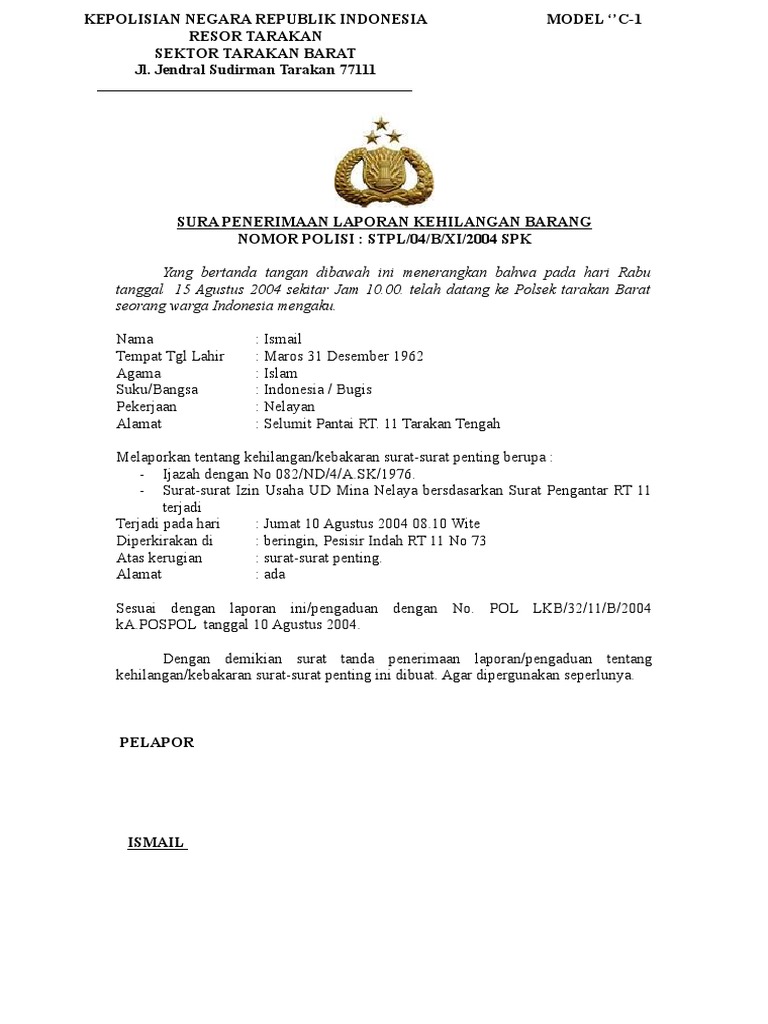 Contoh Surat Tanda Penerima Laporan Kehilangan Barang Model C 1