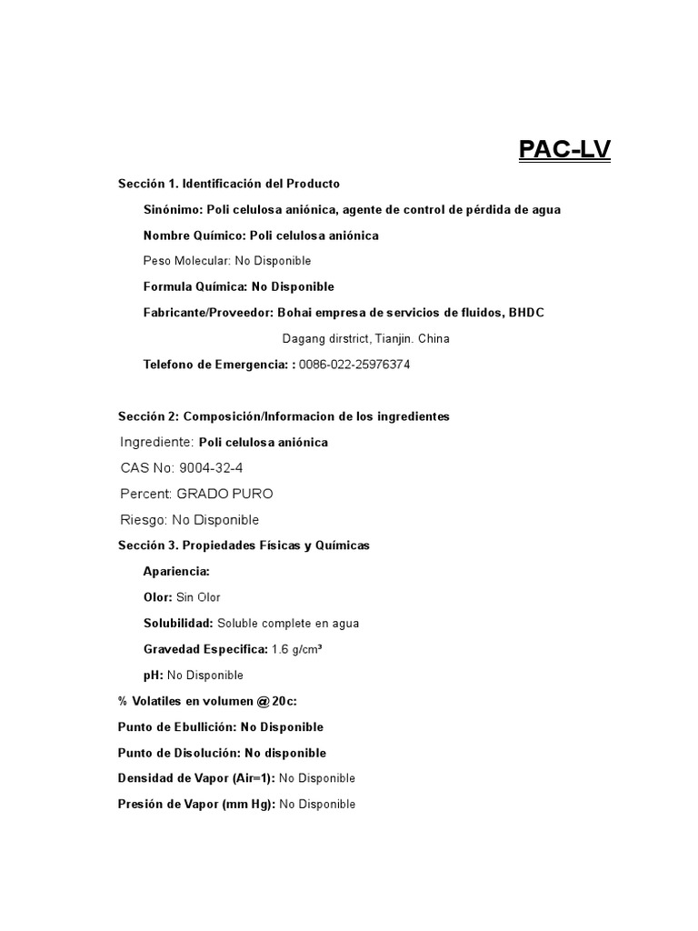 MSDS Poli Celulosa Aniónica | PDF | Polvo | Niebla