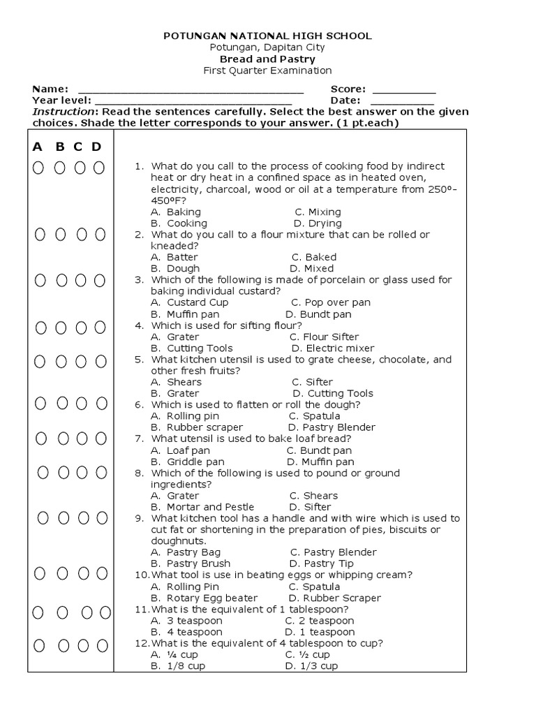 Bread And Pastry First Quarter Exam Pdf Baking Dough