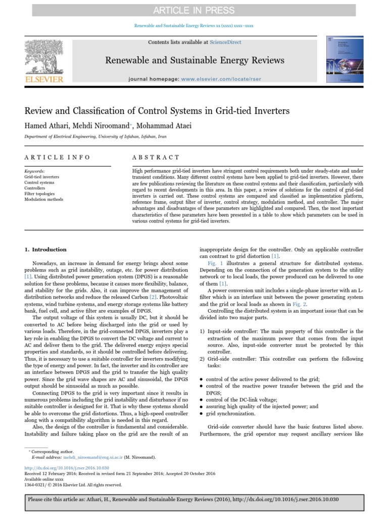Review and Classification of Control Systems in Grid Tied Inverters ...