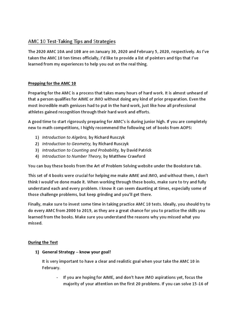 AMC 10 TestTaking Tips and Strategies Prepping For The AMC 10 PDF
