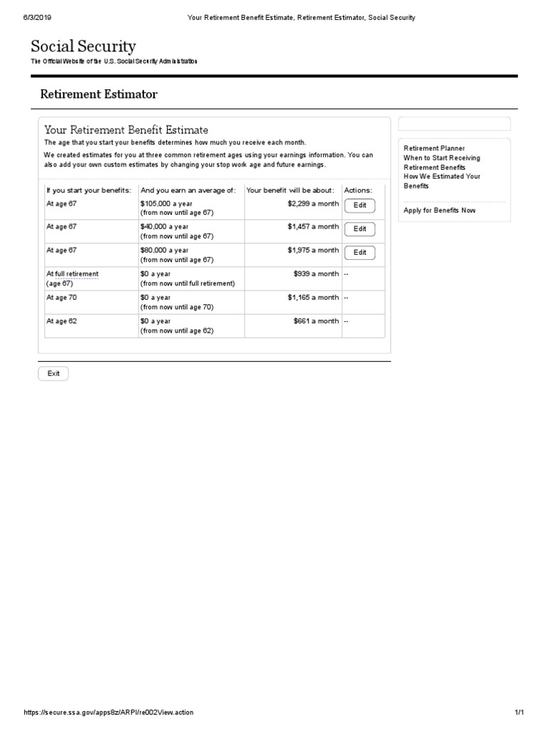 Your Retirement Benefit Estimate, Retirement Estimator, Social Security PDF Social Security