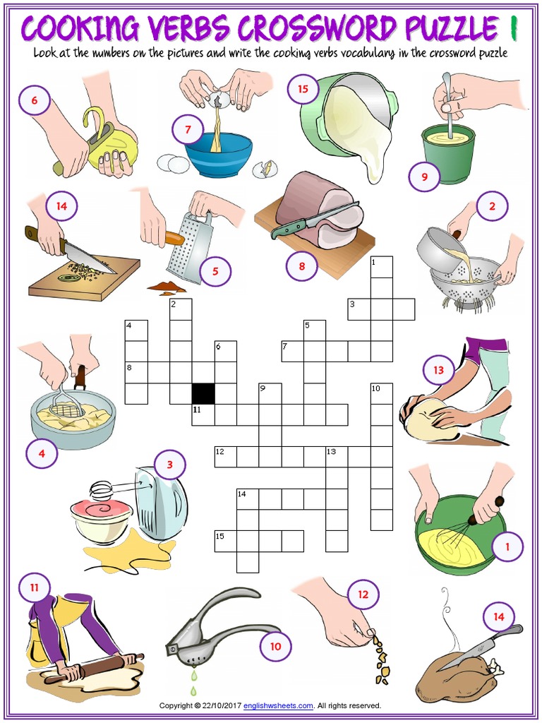 cooking verbs vocabulary esl crossword puzzle worksheets for kids(6