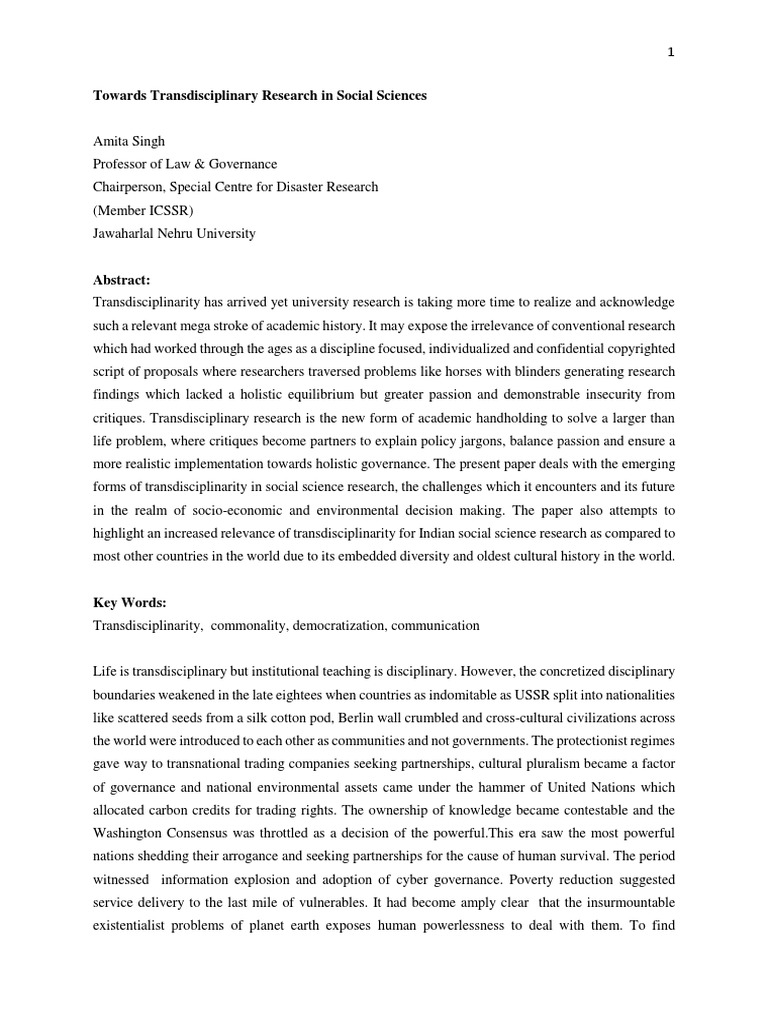 Towards Trans Disciplinary Research in Social Sciences | PDF ...