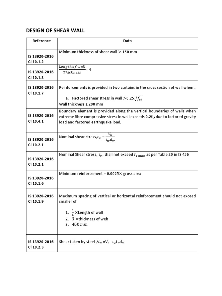 Design of Shear Wall: Reference Data | PDF | Shear Stress | Wall