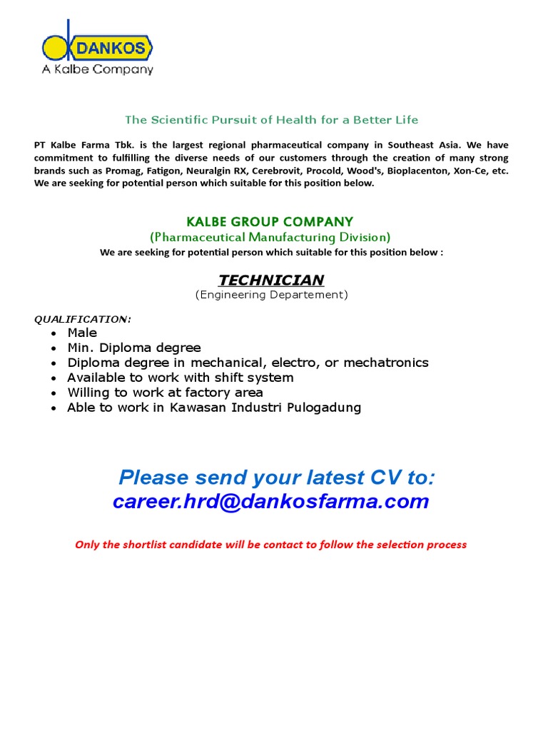 Technician Job Opening at Kalbe Farma | PDF