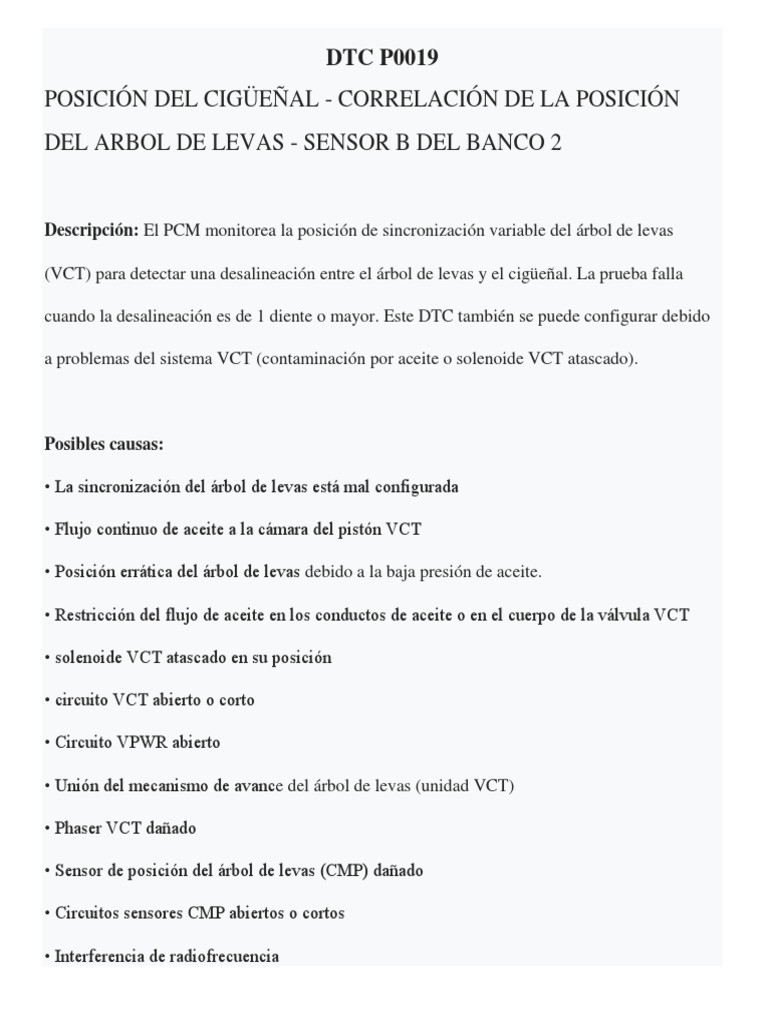 DTC P0019: Posición Cigüeñal y Árbol de Levas | PDF