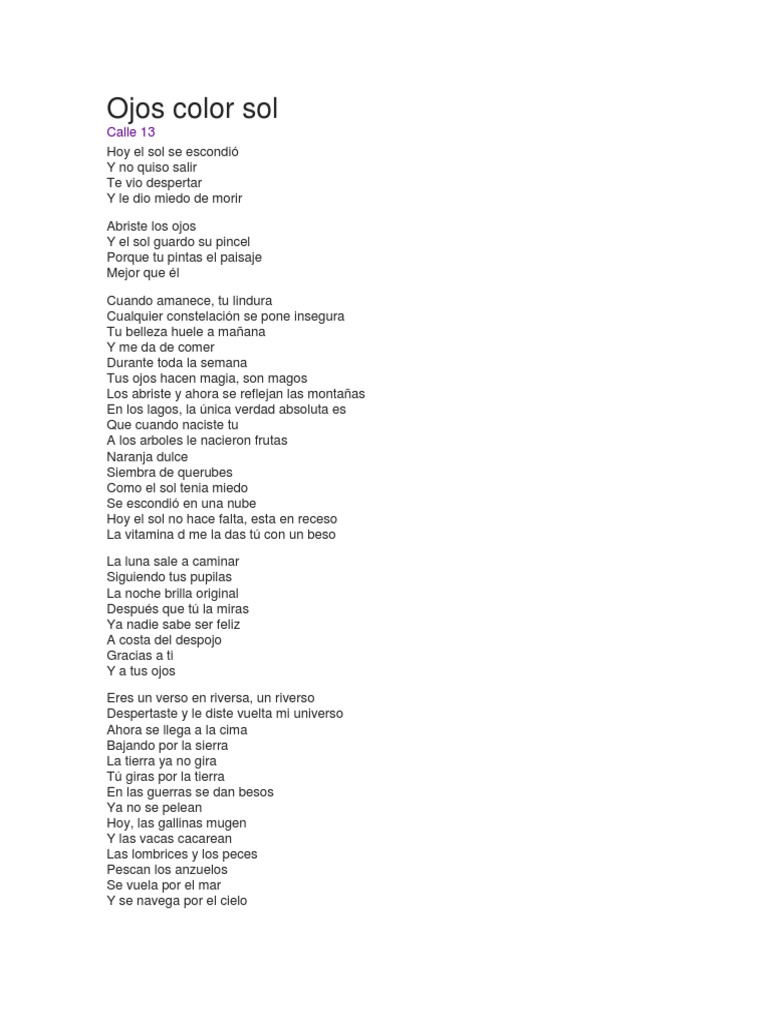 Ojos Color Sol Letra Completa | PDF