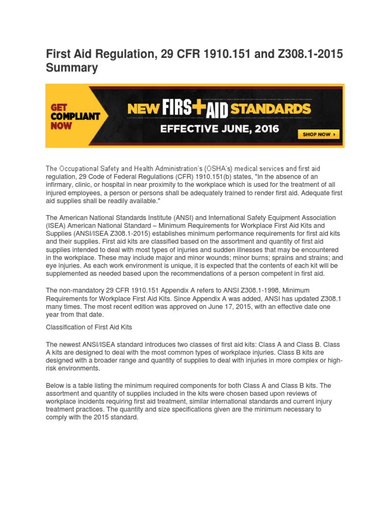 First Aid Regulation CFR 1910 151 Summary PDF Over The Counter Drug