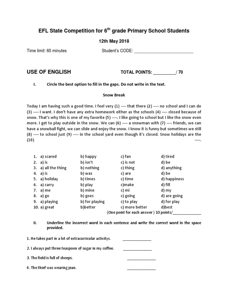 EFL Competition: 6th Grade English Test | PDF | Linguistic Morphology ...