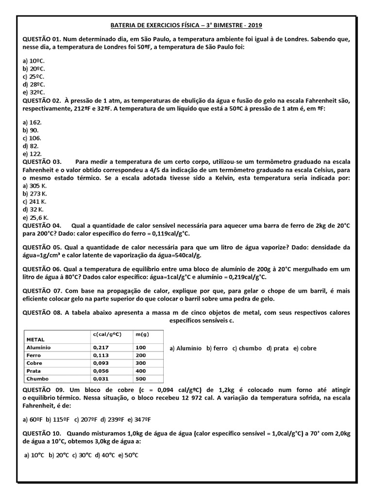 Exercícios de Calor e Termometria | PDF | Calor | Termômetro