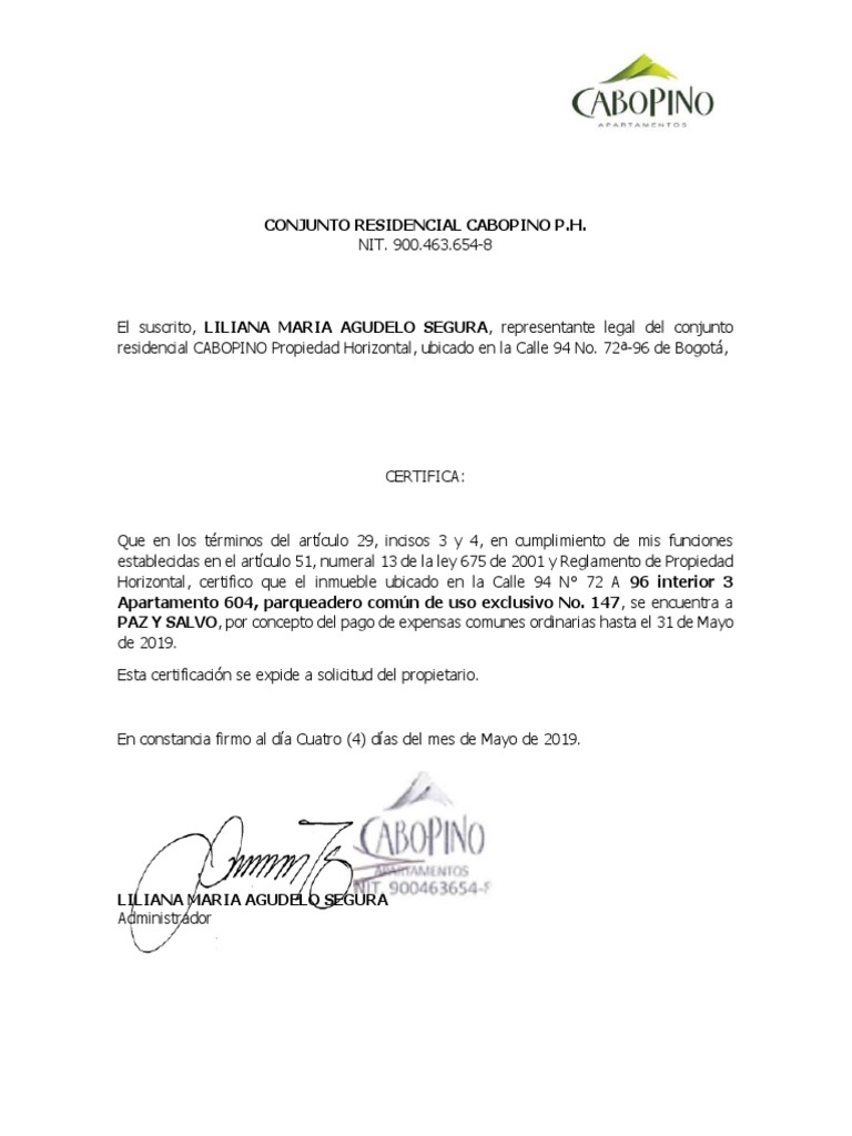 Certificación Paz y Salvo Cabopino P.H. | PDF