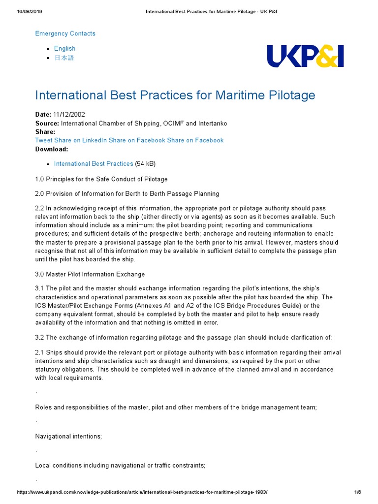 International Best Practices For Maritime Pilotage UK P&I PDF Maritime Pilot Navigation