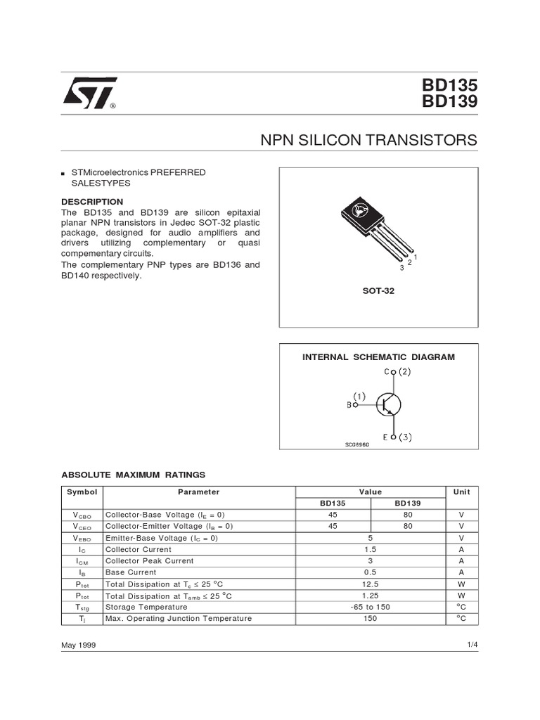 Datasheet bd139 PDF | PDF | Bipolar Junction Transistor | Electrical ...