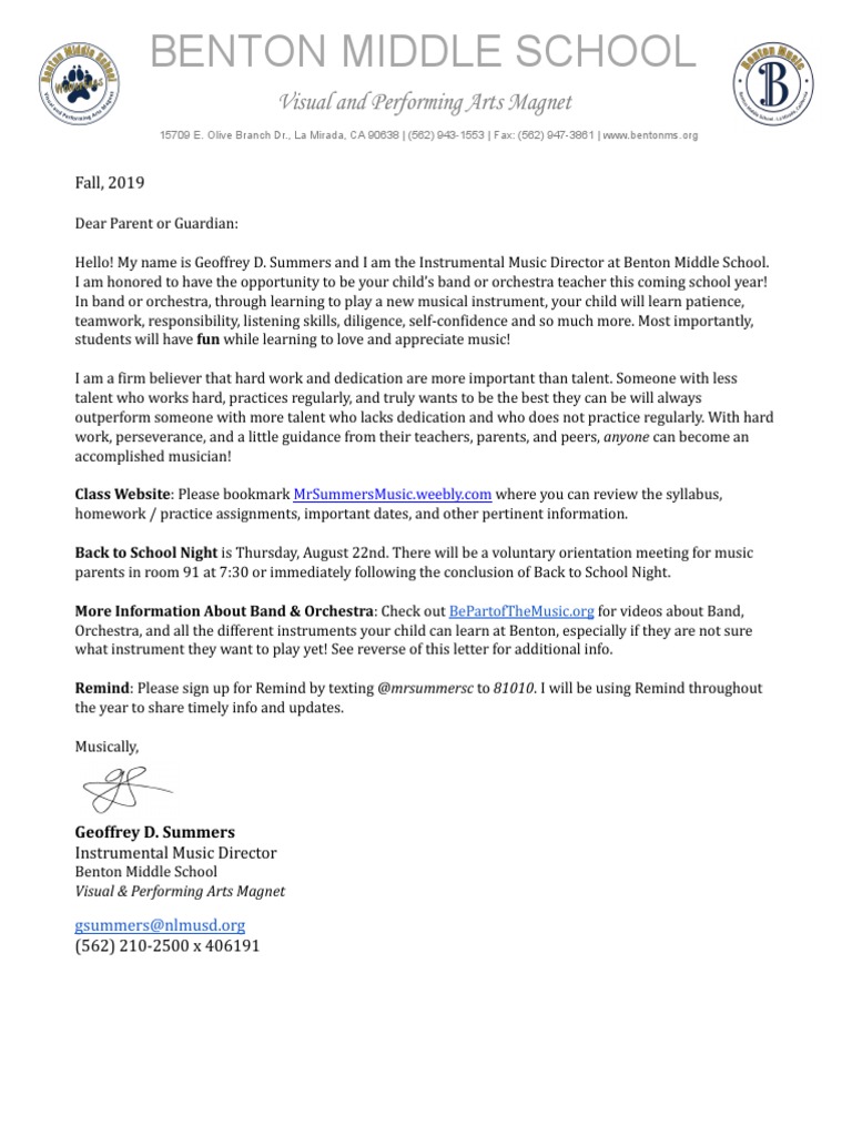 Welcome Letter 2019-2020 | PDF | Musical Instruments | Entertainment ...