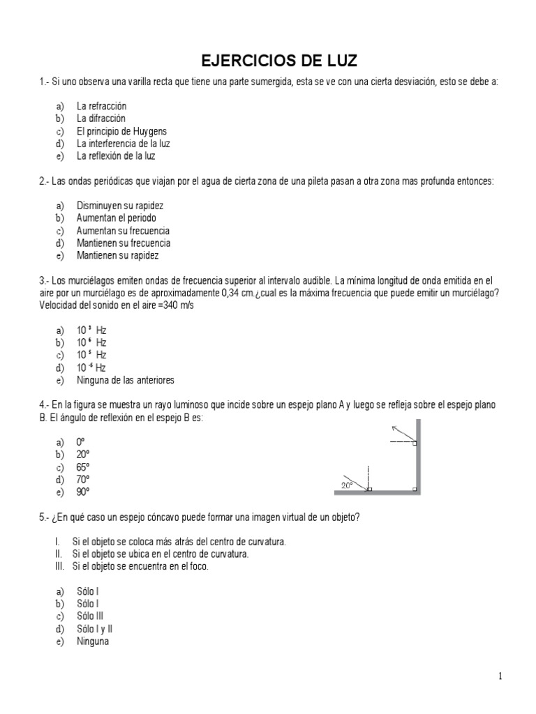 Ejercicios De Luz Pdf Espejo Reflexión Física