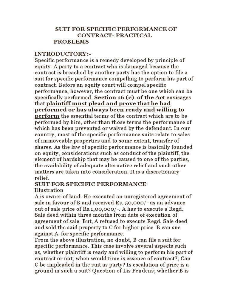 Specific Performance Suit Issues | PDF | Breach Of Contract | Specific ...